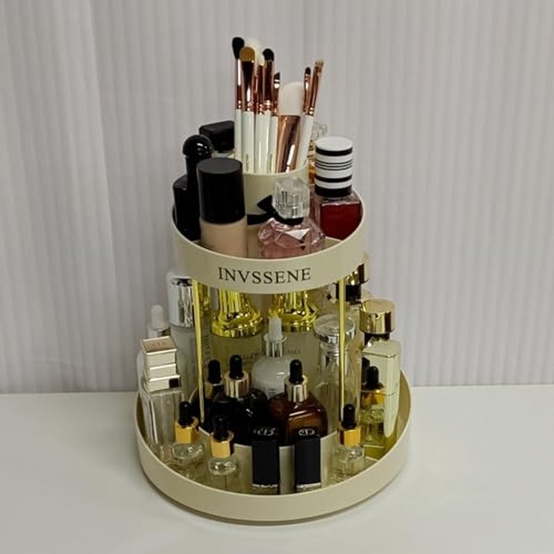 2 Tiers Rotating Makeup Organizer, Large Makeup Organizer for Vanity, Countertop Storage Shelf for Cosmetics, Skincare, Makeup Brush - Warm White