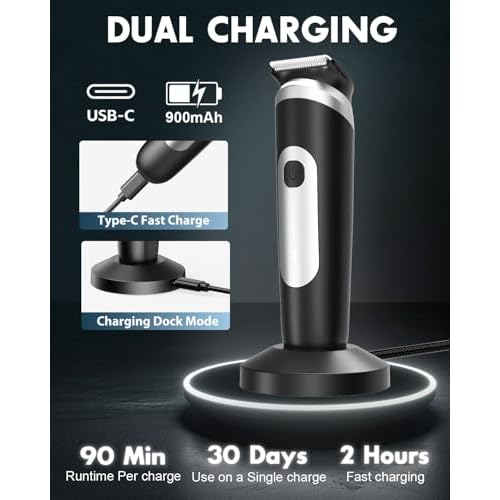 Electric Body Hair Trimmer for Men - Pubic Shaver with Ceramic Blades (No Nicks) - Mens Wireless Ball Shaver, Waterproof Wet/Dry Electric Razor, USB Recharge Dock