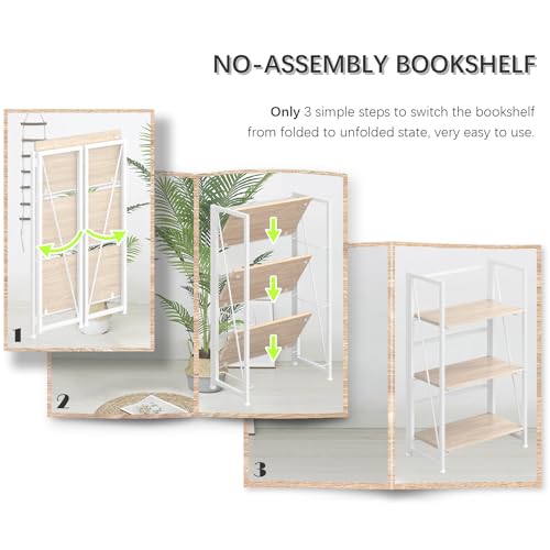 Foldable Bookshelf Storage Rack - 3 Tiers, No Assembly, Vintage Design, 23.6in Wide - Natural White