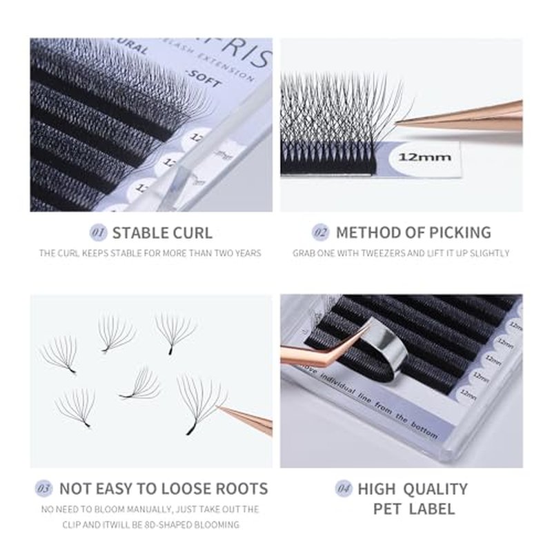 8D Premade Fan W Shape Eyelash Extensions 0.07 D Curl 8-15mm Mix Volume Self Fanning False Lashes Makeup Supplies Professional Use Lash Extension(0.07 D, 8-15mm Mix)