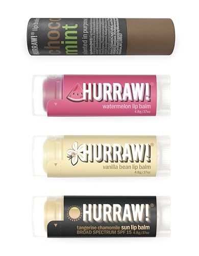 Hurraw! Lip Balm Bundle - Staff Favorites 4-Pack with Chocolate Mint, Watermelon, Vanilla Bean & SPF 15 - Organic Vegan Lip Care