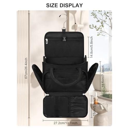 Hanging Toiletry Bag for Women - Travel Makeup Organizer with Brush Compartment, Portable Toiletry Bag with Removable Dividers for Full-size Container, Lightweight Cosmetic Case for Trip - Black