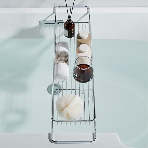 Stainless Steel Bathtub Caddy Tray, Expandable Bath Tub Table, Adjustable Bathroom Tray, Bath Organizer Tub Shelf,Silver,26.8~35.4in