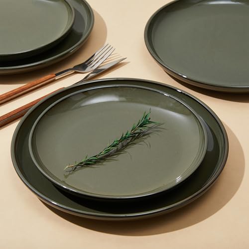 Pokini 12-Piece Stoneware Dinnerware Set for 4, Reactive Glaze, Blackish Green