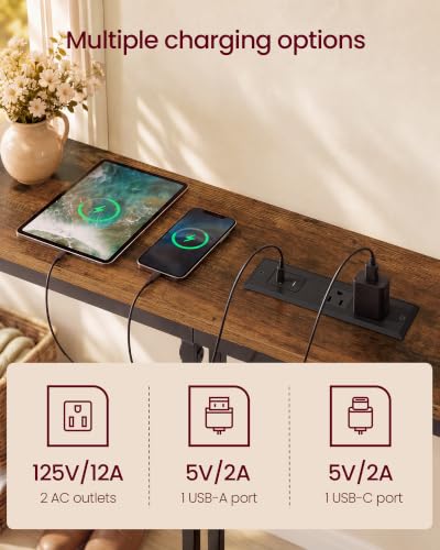 VASAGLE Rustic Brown & Matte Black 78.7-Inch Adjustable Console Table with Power Outlet, 5.9