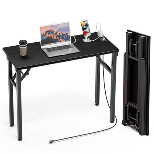 Foldable Small Computer Desk with Power Outlets - 35.8 Inch Dark Oak