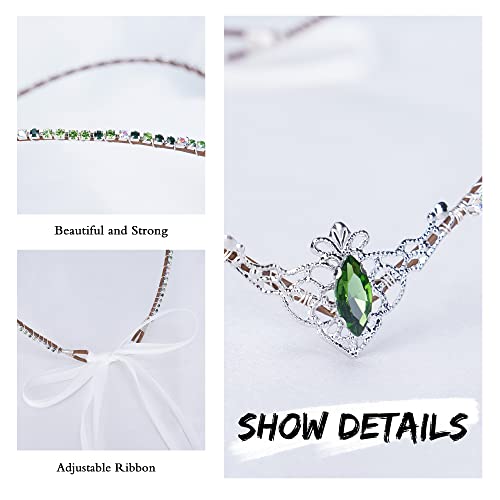 MOSTORY Handmade Green Crystal Tiara for Princess Wedding Rhinestone Fairy Crown Headband for Bridal Shower V-shape Woodland Elf Headpiece for Women Queen Bachelorette Party Medieval Fair Proms