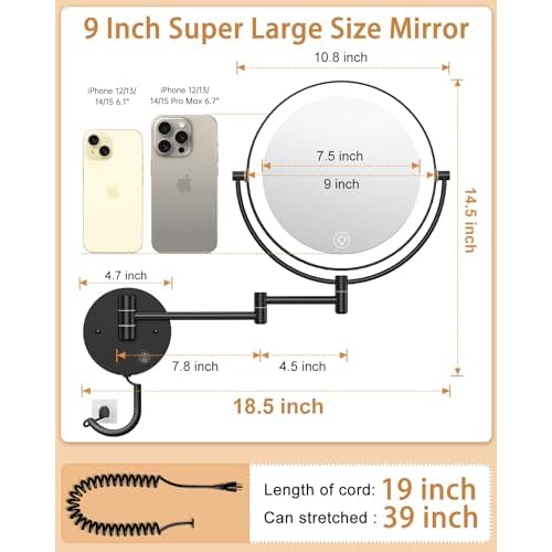 Benbilry 9" Large Wall Mounted Lighted Makeup Mirror, 1X/10X Magnifying 2-Sided AC Plug-in Powered Bathroom Mirror with 3 Color Lights, Touch Dimmable, Extended Arm 360¡Æ Rotation, Black