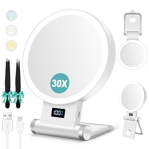 Magnifying Makeup Mirror with Light - 30X & 1X Double Sided, Travel Foldable, 3 Color Modes, Adjustable Brightness, Cloudwhite