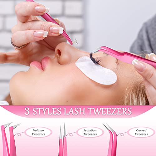 High Precision Lash Tweezers Set 6 Pack Stainless Steel Eyelash Extension Tweezers for Classic, Volume, Mega Volume Lashes, Facial Hair, Eyebrow, Hair Removal, Crafting Making(Pink)