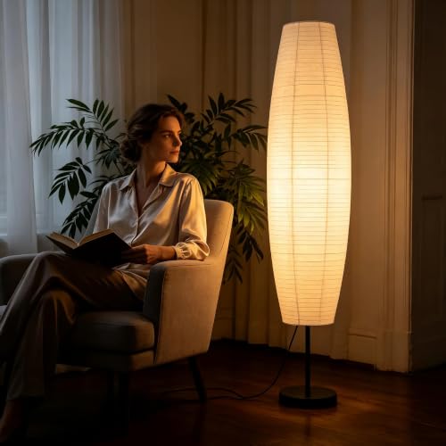 XENOID Tall Paper Floor Lamp - 12x12x53 Inches Minimalist Modern Standing Lamp for Living Room & Bedroom