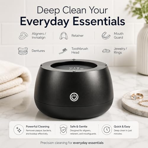 Ultrasonic Retainer Cleaner with UV Light - 48kHz Deep Clean for Invisalign & Dentures - Black