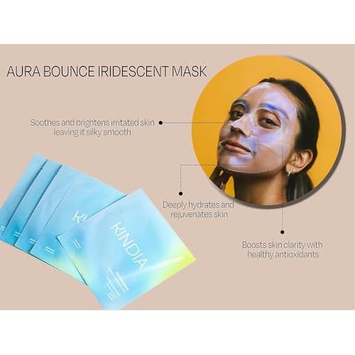 KINDIA Aura Bounce Pack - 5 Biodegradable Korean Sheet Masks, Tea Tree, Bakuchiol, Ginseng, Peony, Hydrating, Repairing, Ayurvedic Enriched - Rejuvenating Skincare Routine