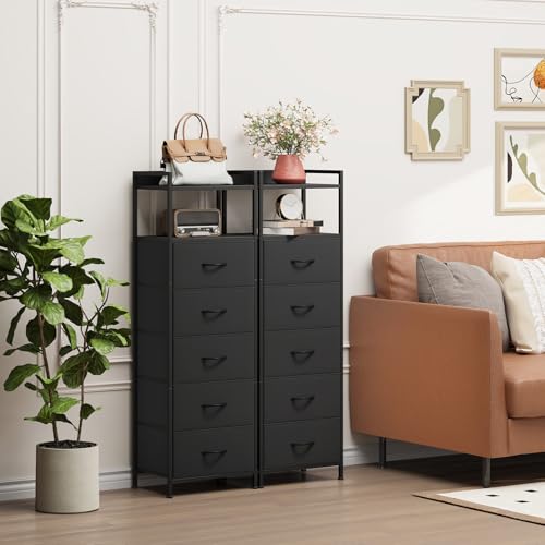 Tall Fabric Dresser with 5 Drawers - Modern Bedroom Storage Nightstand - Black, 11.4 x 15.2 x 42.1 Inches