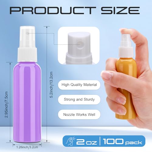LemonRoad 100 Pack 2 oz Plastic Spray Bottles Colorful Fine Mist Spray Bottle 60 ml Small Refillable Liquid Containers for Travel Essential Oils, Perfumes, Cosmetics, Alcohol