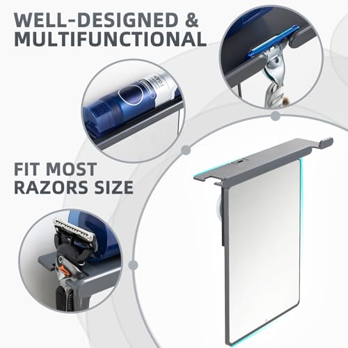 Fogless Shower Mirror for Shaving - Rectangular Acrylic Mirror with Tray, Light Gray