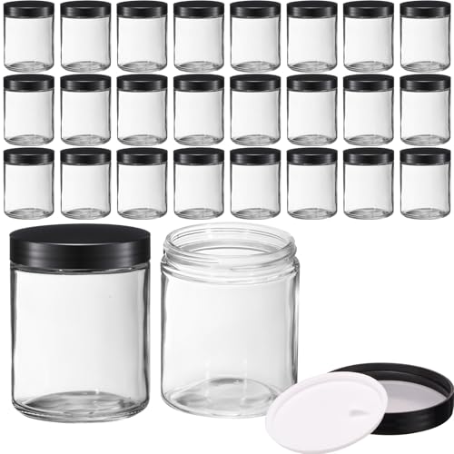 24 Pack 8 oz Clear Glass Candle Jars with Black Lids - Reusable Storage Containers