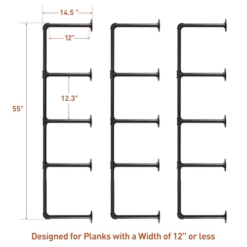 HITOMEN 3-Pack Industrial Iron Pipe Shelves 5-Tier Wall-Mounted Open Bookcase