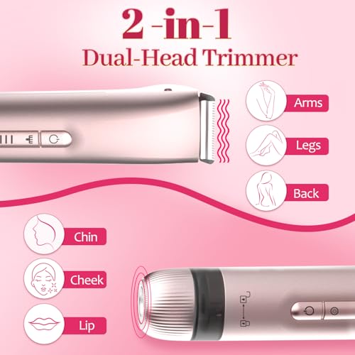Bikini Trimmer for Women, 2 in 1 Electric Shaver Dual Head Bikini Trimmer for Women IPX7 Waterproof Body Hair Trimmer and Facial Hair Remover for Bikini Leg Arm Body Face, Pink 002