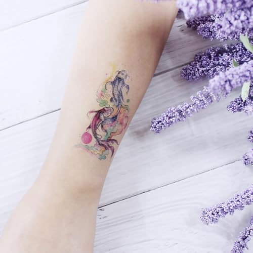 6 Sheets Tiny Small Temporary Tattoos For Women Men Finger Hands Neck Wrist Face, Cute Long Lasting Cartoon Fake Tattoo Stickers For Kids Boys Girls Black Blue Red Lotus Fish