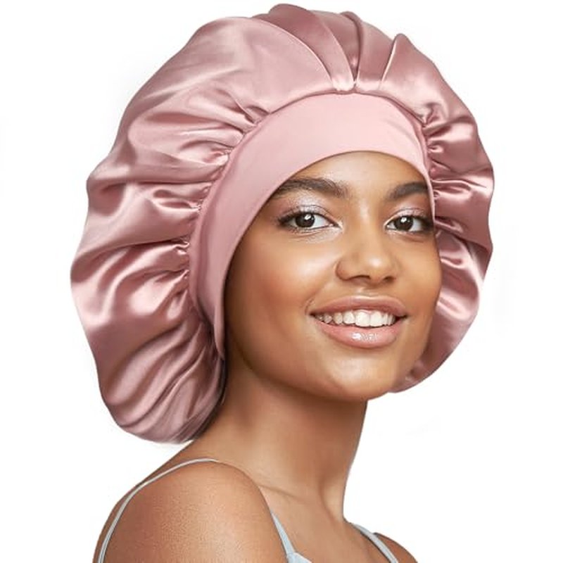 2 Pack 22 Momme 100% Real Mulberry Silk Bonnet for Sleeping Women Pink and Black + Purple