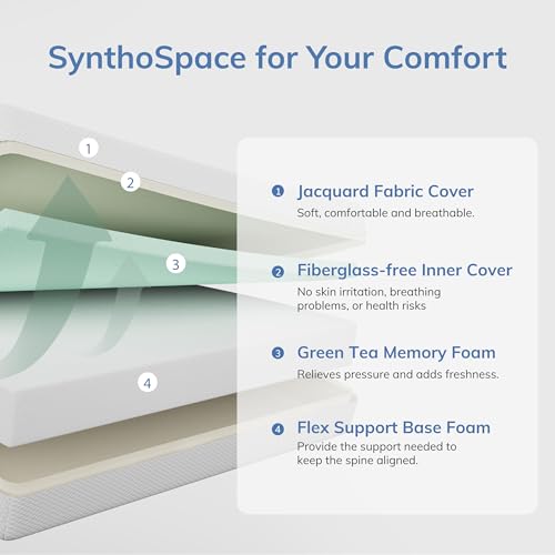 SynthoSpace Twin Memory Foam Mattress 5 Inch Green Tea Infused - White Twin Bed