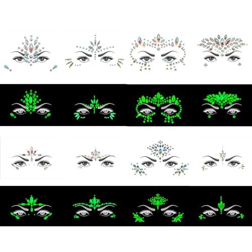 8Sets Noctilucent Face Gems Body Stickers Glow in the Dark Luminous Face Jewels fluorescent face tattoo crystals rhinestone sticker body jewelry for Halloween