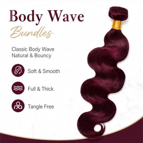 99J Burgundy Body Wave Human Hair Bundles - 12, 14, 16 Inches - Brazilian Grade