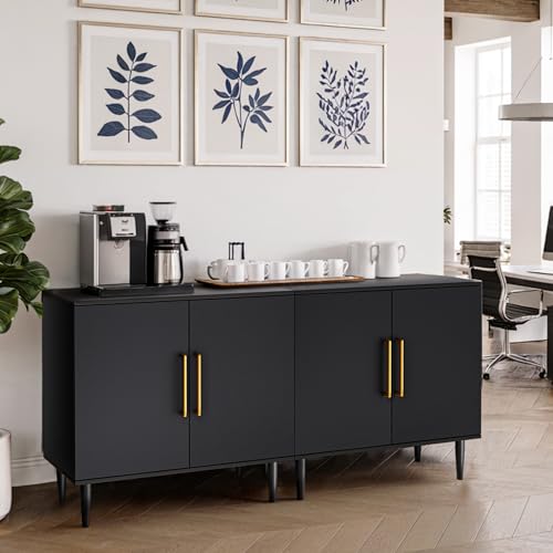 Black Storage Cabinet - Modern Buffet Sideboard with Shelves & Gold Handle