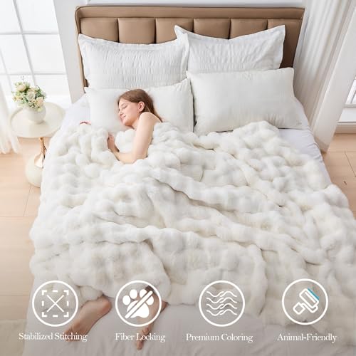 Faux Fur Queen Blanket for Couch - Ivory White 90x90cm Cozy Plush Throw
