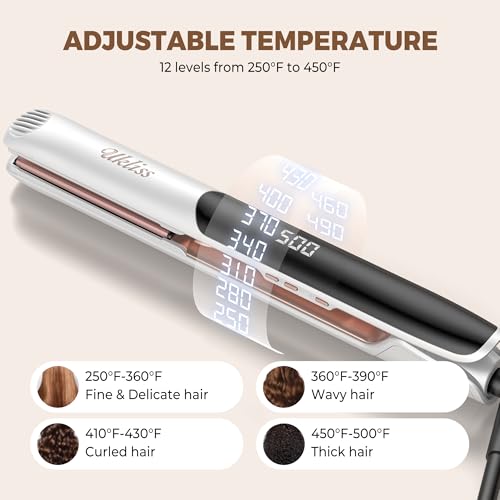 UKLISS 2-in-1 Hair Straightener & Curler - White & Pink, Titanium Flat Iron, 12 Temp, Auto Shut Off