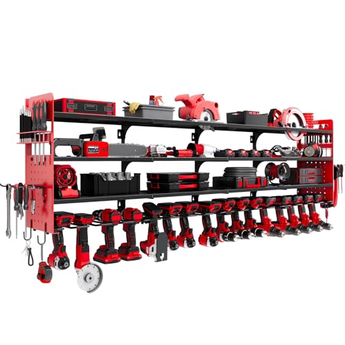 Large 65-Inch Power Tool Wall Mount Organizer - 4-Tier, Holds 16 Drills - Red