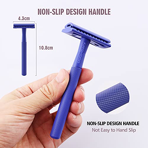 Kinghood Double Edge Safety Razor, Single Blade Razors with 10 Stainless Steel Blades, Reusable Metal Shaving Razor for Women and Men - Dark Blue