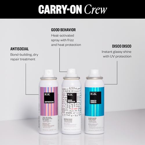 IGK Must Have Travel Kit Holiday 2025 ? Includes GOOD BEHAVIOR Smoothing Spray, DISCO DISCO Shine Spray & ANTISOCIAL Dry Hair Mask ? TSA Approved Travel Size Hair Essentials