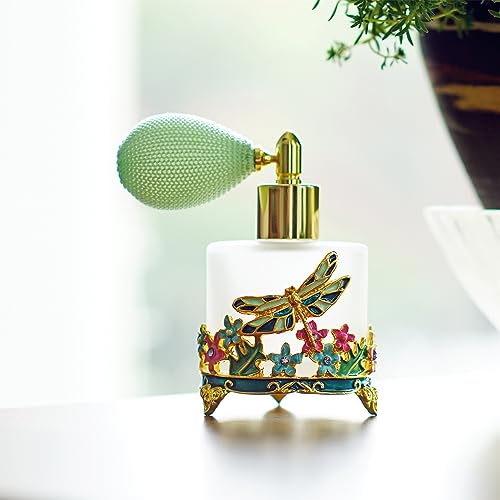 YU FENG 18ml Frosted Refillable Perfume Bottle Round Glass Perfume Spray Bottle Hand-painted Empty Travel Perfume Atomizer Gift (Green Dragonfly With Flowers)