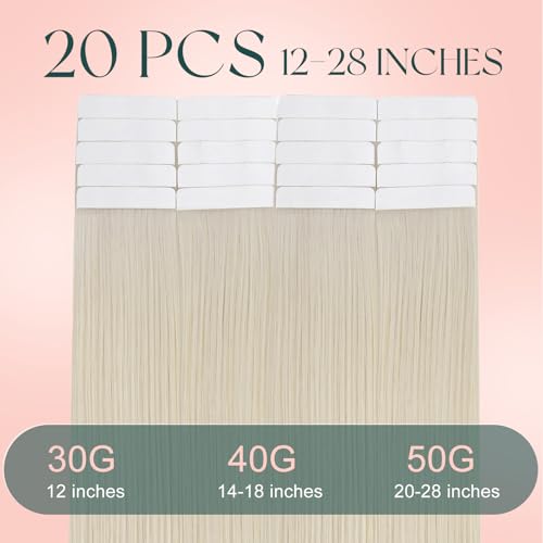 Blonde Tape-in Hair Extensions 18 Inch, 20pcs - Light Blonde, Reusable, Natural Look - Variation of Tape-A #1000 Blonde / Pack of 1