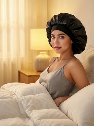 SereLune Mulberry Silk Lined Bonnet for Sleeping – Large, Black, Double Layer, Soft Elastic Band