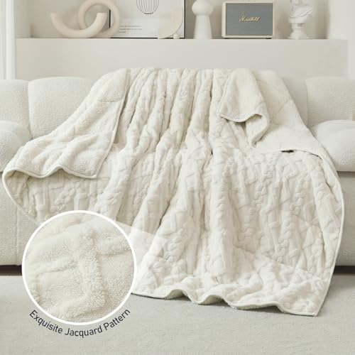 Weighted Blanket for Adults Queen Size 15 lbs Jacquard Cream White - Double-Sided Cozy Sleep