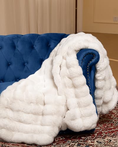Cream White Twin Faux Fur Throw Blanket 60x80 Inches Cozy Plush Bubble Style