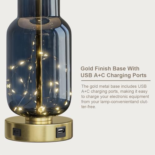 22-Inch Glass Table Lamps Set of 2 with LED Nightlight - Blue - Bedroom Decor