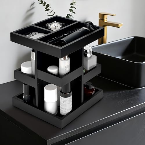 Cologne Organizer for Men, 3-Tier Wood Perfume Stand with Rotating Drawer, Large Capacity Storage for Desk Nightstand (Black)
