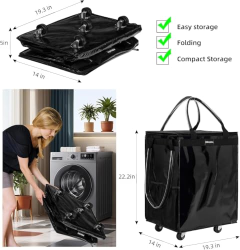 Xiktslin Large Black Reusable Foldable Rolling Grocery Tote with 5 Wheels