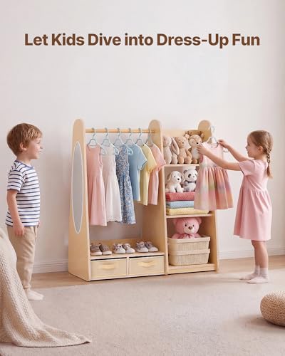 Kids Wooden Triangular Dress Up Closet with Mirror & Storage - Toddler Wardrobe for Little Girls