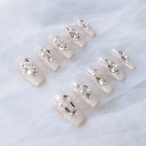 GLORS Splendid French Milky White Press-On Nails with Full Rhinestones, 10pcs (Small) – Light Luxury