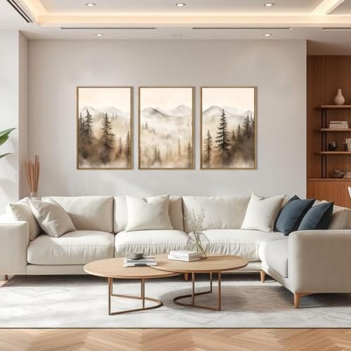 Large Mountain Forest Wall Art Set of 3 - Framed Canvas Prints, 16x24 Inches, Brown Variation