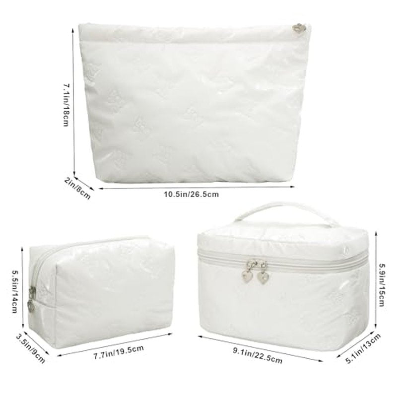 Large Cosmetic Bags Travel Makeup Bag with Mesh Pocket Portable Cute Toiletry Bag Aesthetic Make Up Organizer with Handle for Women (03 White 3PCS)