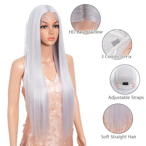 Mid-Part Silver White Purple Long Straight Synthetic Wig - Thistle Variation