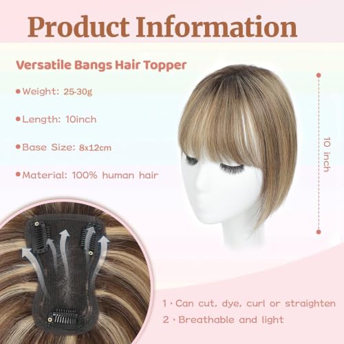 Human Hair Topper with Bangs - 10 Inch Real Hair Clip-In Fringe - Medium Brown & Blonde Mix with Dark Brown Roots