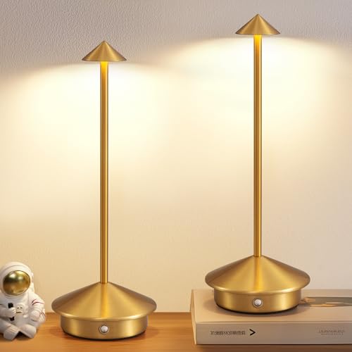 Cordless Gold Table Lamp Set of 2 - Portable LED Desk Lamps for Home & Office