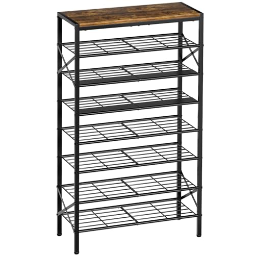 Rustic Brown 8-Tier Metal Shoe Rack with Wooden Top, Holds 24-32 Pairs